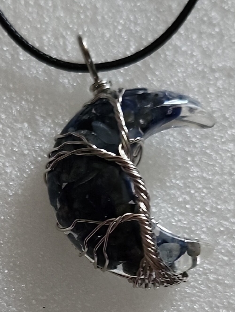 Hand Crafted Navy Blue Crescent Moon Wire-Wrapped Pendant Necklace